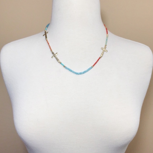 Red Aqua Blue Gold Sideway Cross Necklace Set - Picture 3 of 3
